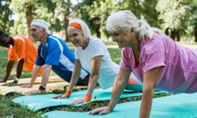 Group of senior adults doing planks on colorful exercise mats in a sunny park setting.