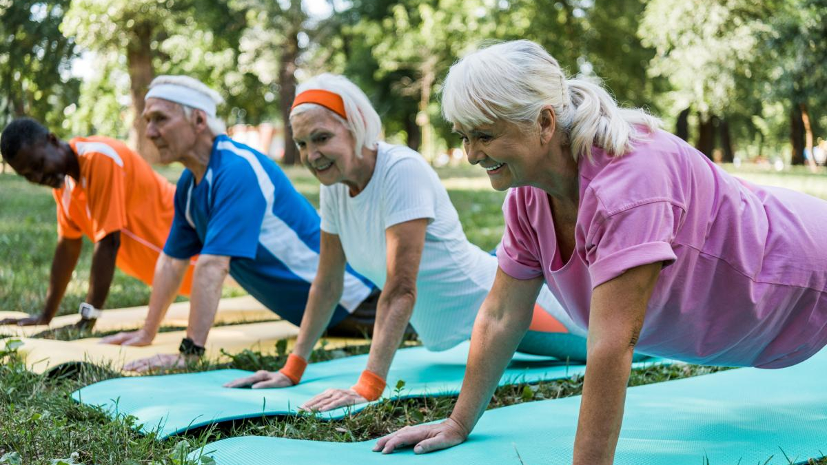Group of senior adults doing planks on colorful exercise mats in a sunny park setting.