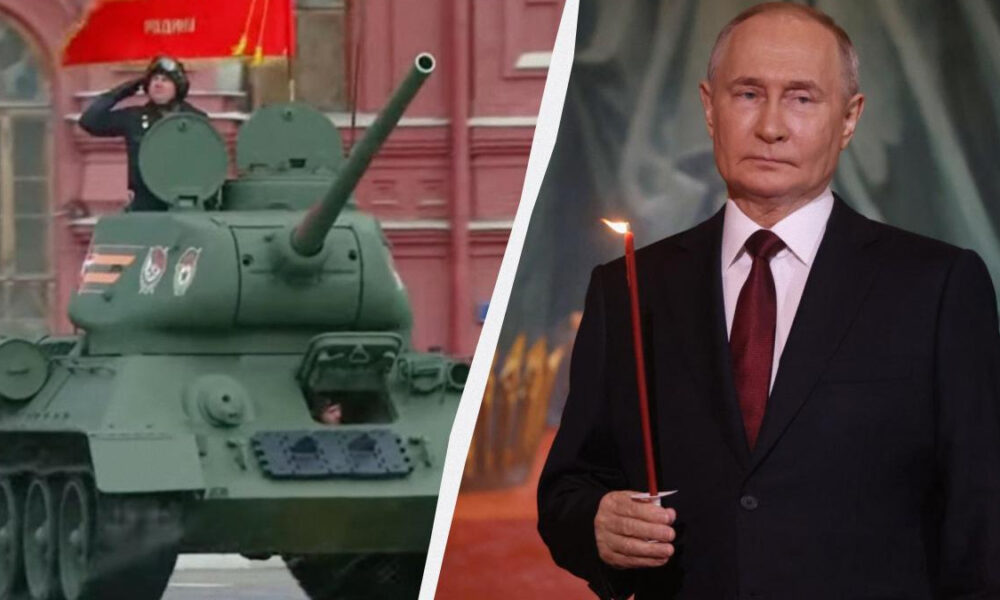 Split image: left shows a green military tank with a saluting soldier; right shows a man in a dark suit holding a lit red candle.