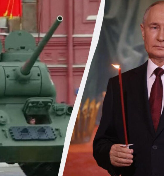 Split image: left shows a green military tank with a saluting soldier; right shows a man in a dark suit holding a lit red candle.
