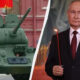 Split image: left shows a green military tank with a saluting soldier; right shows a man in a dark suit holding a lit red candle.