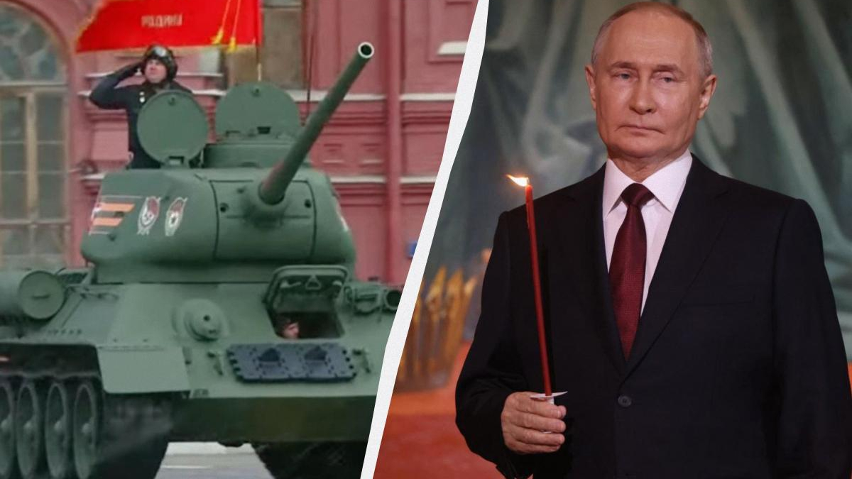 Split image: left shows a green military tank with a saluting soldier; right shows a man in a dark suit holding a lit red candle.