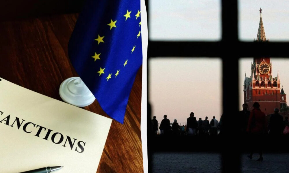 Split image: left—document labeled SANCTIONS with EU flag; right—silhouetted people outside a window with the Kremlin clock tower in view on the horizon.