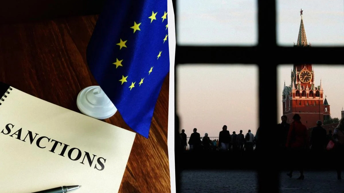 Split image: left—document labeled SANCTIONS with EU flag; right—silhouetted people outside a window with the Kremlin clock tower in view on the horizon.