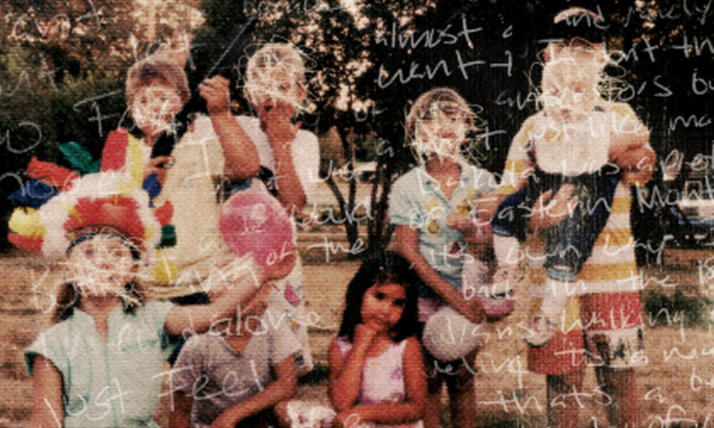 Group of kids in a park posing for a photo with handwritten chalk text overlay across the image.