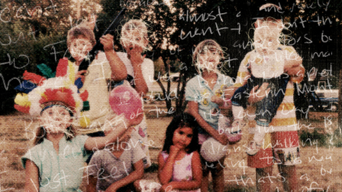 Group of kids in a park posing for a photo with handwritten chalk text overlay across the image.