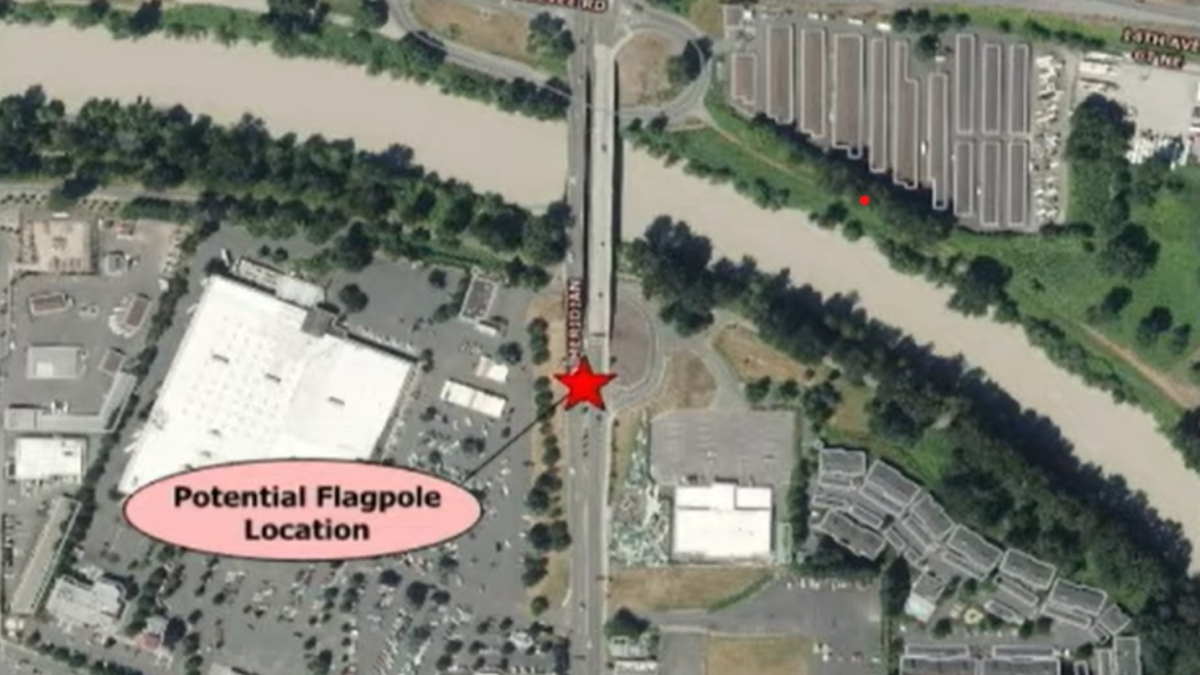 Aerial map marking a potential flagpole location with a red star on a road beside a river; pink label reads 'Potential Flagpole Location' nearby.