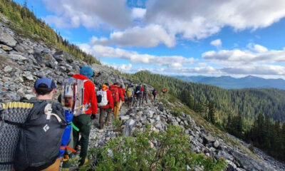Group of hikers with backpacks walking along a rocky mountain trail overlooking a forested valley under a blue sky with clouds.