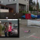 Street scene with a metal barricade blocking the road, chalk drawings on the pavement, a blue car, and several trash bins nearby.