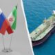 Left: Russian and Iranian flags on flagpoles; right: an oil tanker sailing in blue sea.