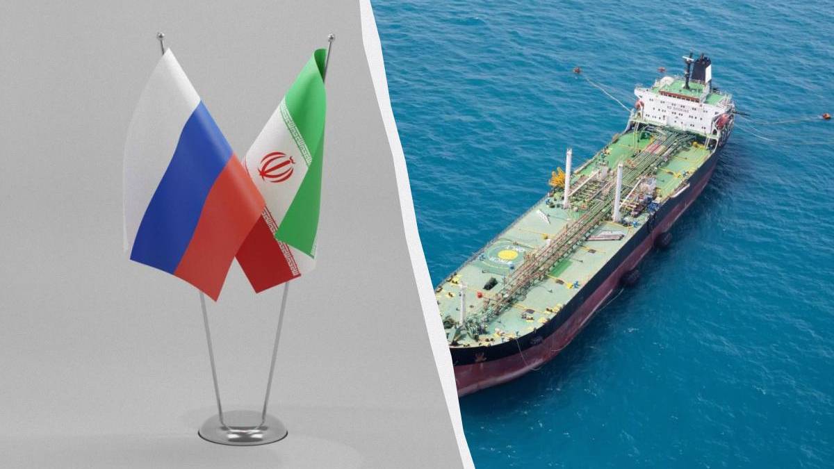 Left: Russian and Iranian flags on flagpoles; right: an oil tanker sailing in blue sea.
