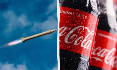 Collage showing a rocket launch on the left and a cold Coca-Cola bottle with droplets on the right.