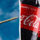Collage showing a rocket launch on the left and a cold Coca-Cola bottle with droplets on the right.