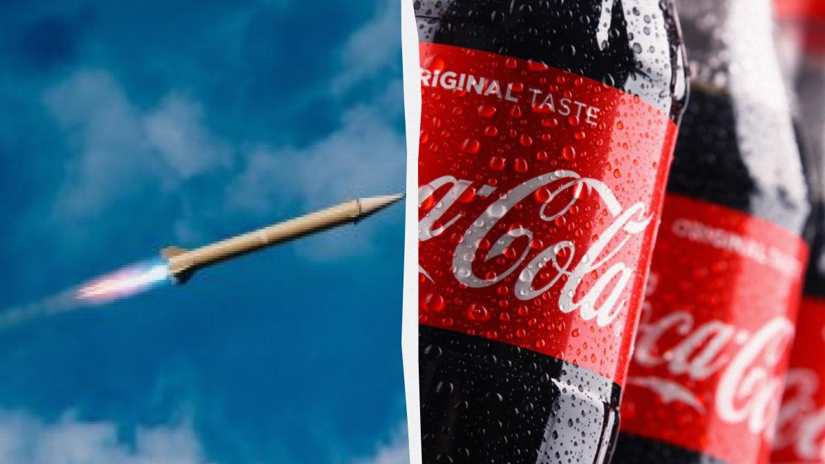 Collage showing a rocket launch on the left and a cold Coca-Cola bottle with droplets on the right.