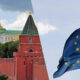 Split view: Moscow Kremlin red brick towers and wall on the left, and a blue European Union flag on the right, symbolizing East–West relations.