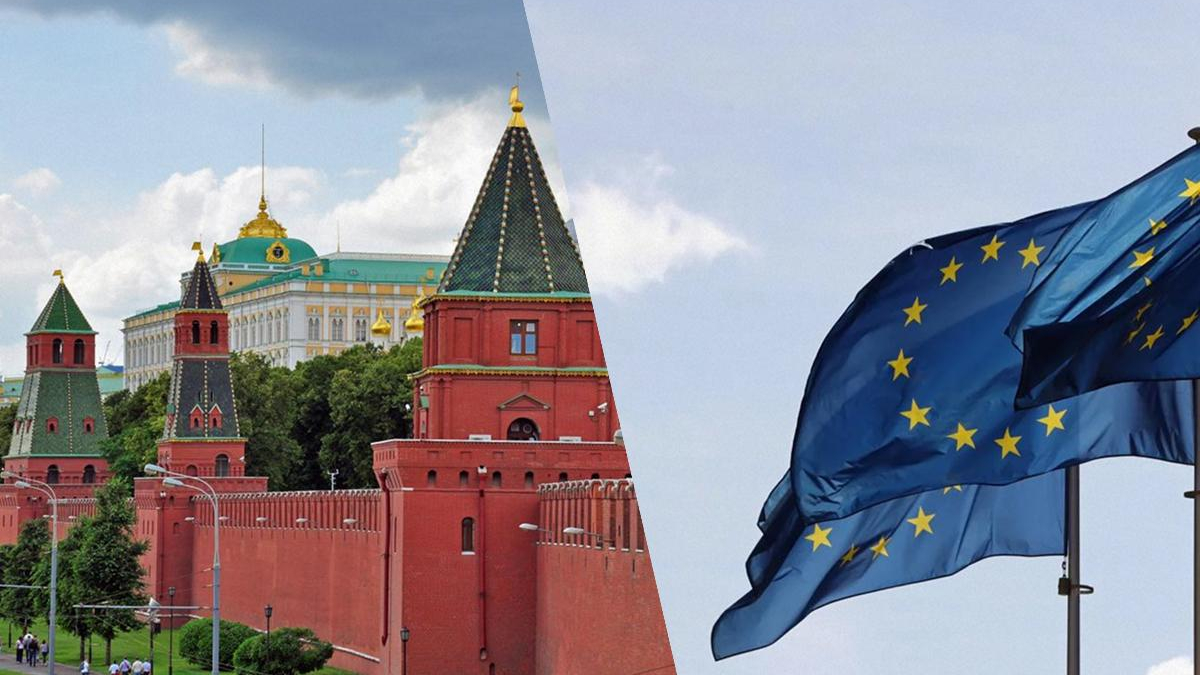 Split view: Moscow Kremlin red brick towers and wall on the left, and a blue European Union flag on the right, symbolizing East–West relations.