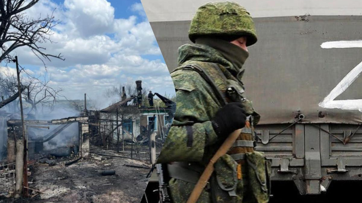 Soldier in camouflage gear with a rifle beside a gray train car as a destroyed village burns on the left (split image).