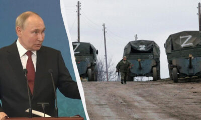 Putin at a podium giving a speech; the right side shows armored trucks and a soldier on a dirt road in a split image.