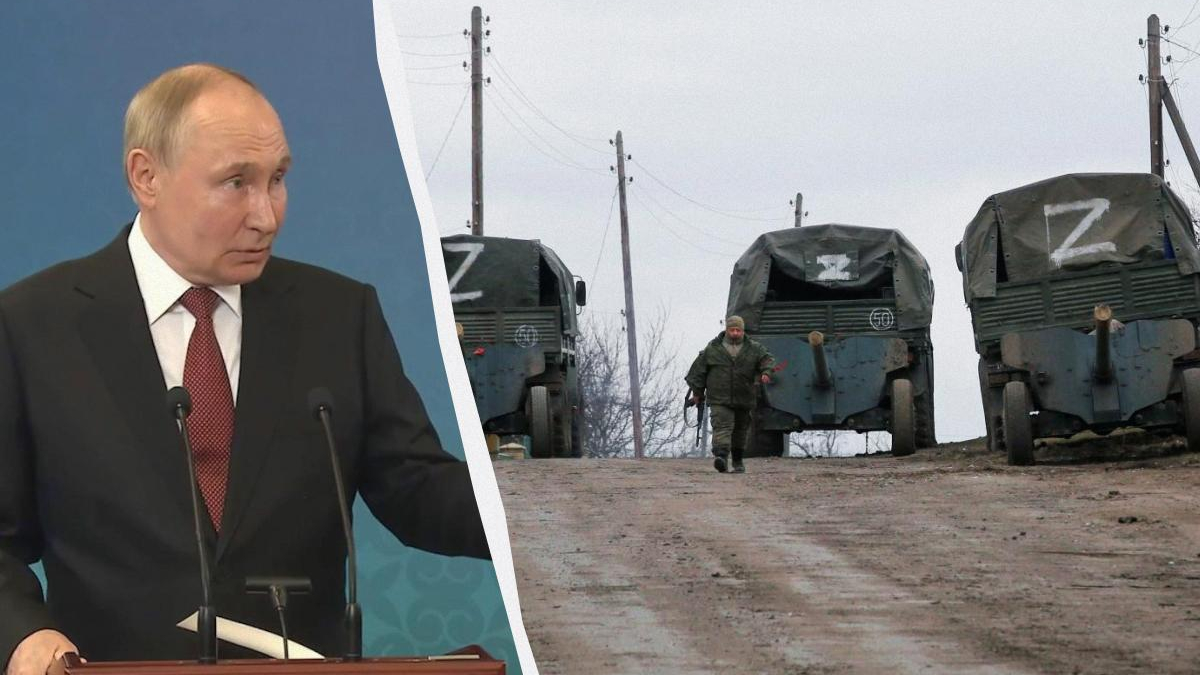 Putin at a podium giving a speech; the right side shows armored trucks and a soldier on a dirt road in a split image.