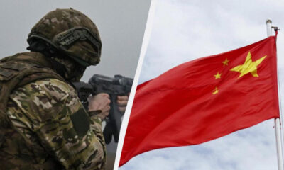 Left: a camouflaged soldier aiming a rifle; right: the red Chinese flag with yellow stars waving on a flagpole (split image).