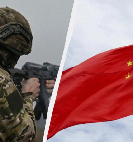 Left: a camouflaged soldier aiming a rifle; right: the red Chinese flag with yellow stars waving on a flagpole (split image).