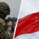 Left: a camouflaged soldier aiming a rifle; right: the red Chinese flag with yellow stars waving on a flagpole (split image).