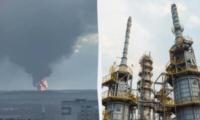 Left: a distant explosion with flames and black smoke over an industrial area; right: tall refinery towers with walkways and ladders.