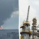 Left: a distant explosion with flames and black smoke over an industrial area; right: tall refinery towers with walkways and ladders.