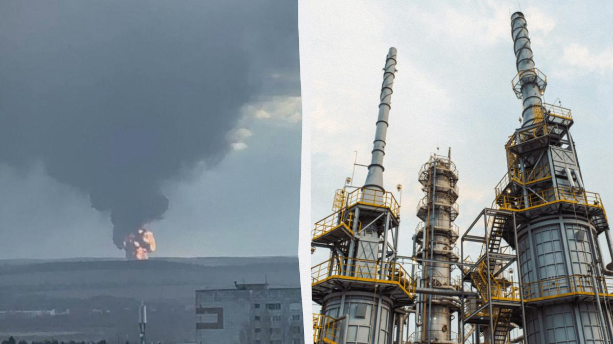 Left: a distant explosion with flames and black smoke over an industrial area; right: tall refinery towers with walkways and ladders.