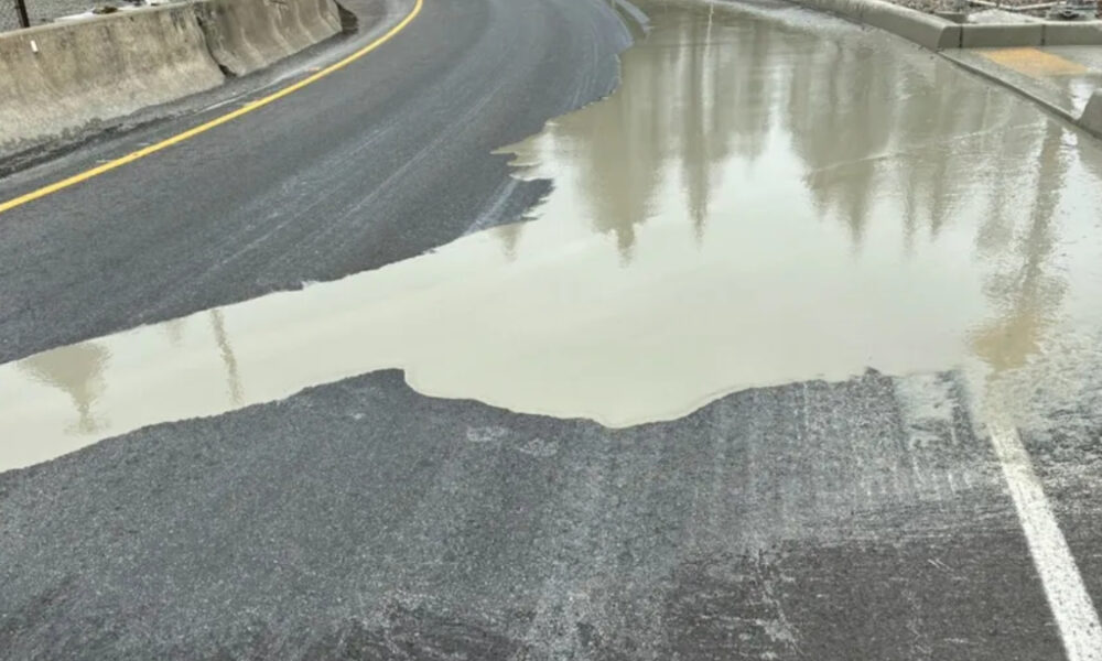 Curved road with a large puddle covering part of the surface and reflecting trees, blocking part of the lane.