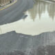Curved road with a large puddle covering part of the surface and reflecting trees, blocking part of the lane.