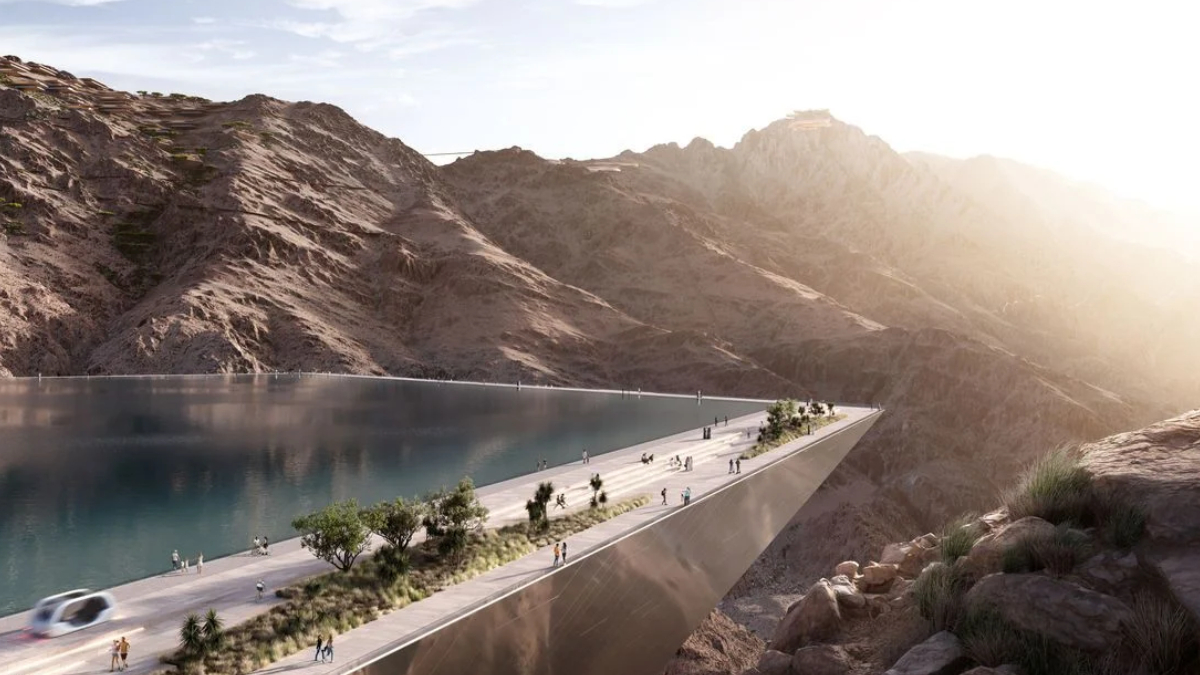 Futuristic elevated walkway over a deep canyon with a calm lake to the left; pedestrians stroll along the path as sunlight shines from the right.