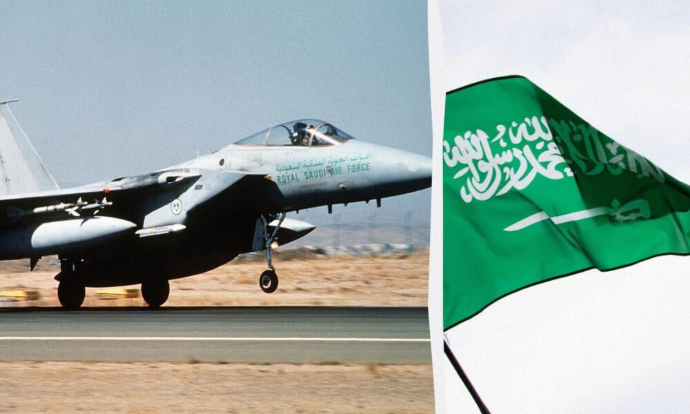 Left: Royal Saudi Air Force fighter jet on a runway, right: green Saudi Arabian flag waving; image shows military aviation and national flag.