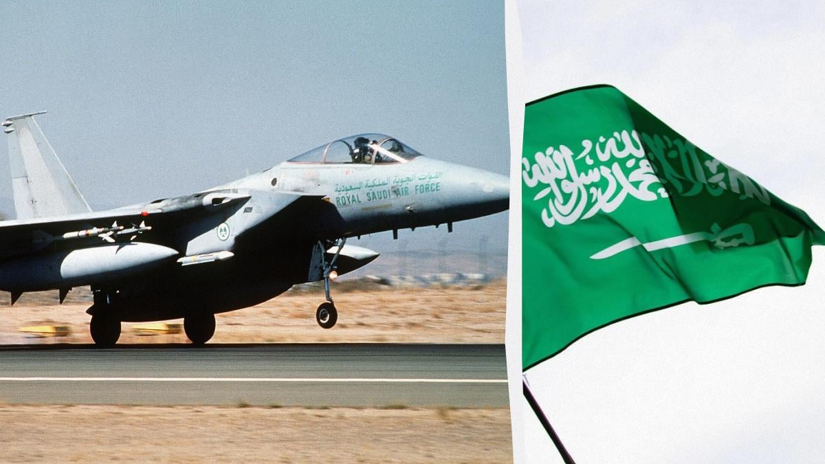 Left: Royal Saudi Air Force fighter jet on a runway, right: green Saudi Arabian flag waving; image shows military aviation and national flag.