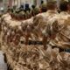 Line of soldiers in desert camouflage marching in a parade along a cobblestone street.