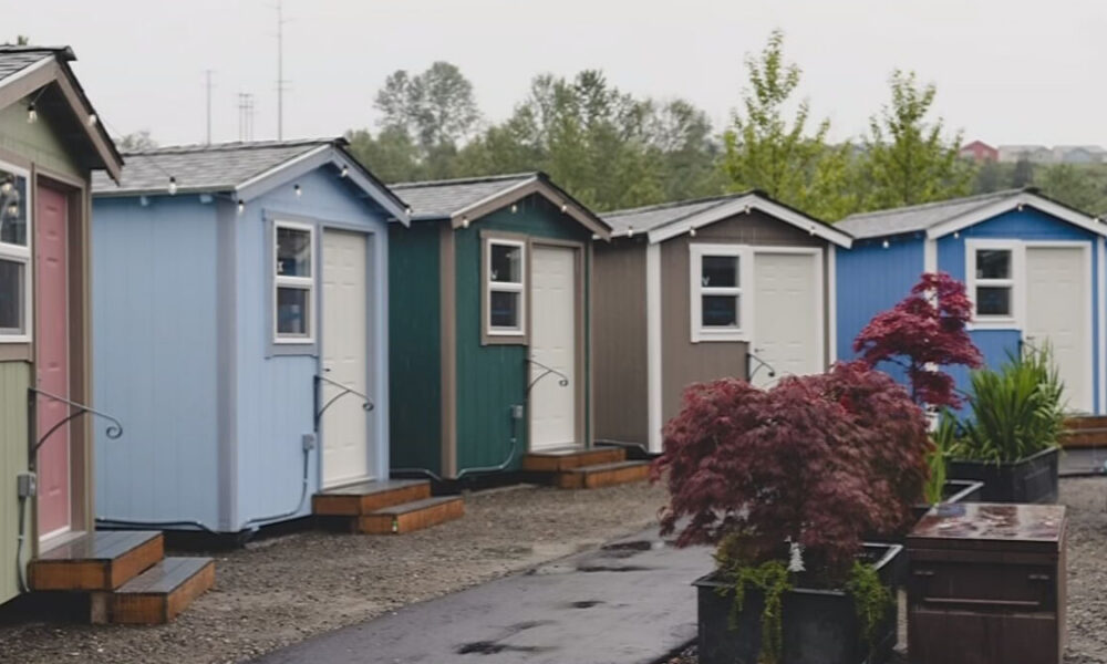Row of colorful small cabins or sheds with individual doors and step platforms, string lights along the eaves, and potted plants in the foreground