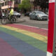 Cyclist waiting at a curb to cross a rainbow-painted crosswalk while a brown dog walks nearby and cars pass in the background on a city street.