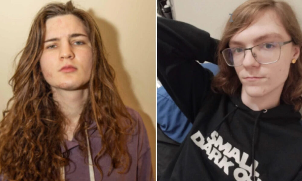 Two side-by-side portrait photos of a young person: left with long wavy red hair wearing a purple hoodie, right with shorter light brown hair, glasses, and a black hoodie with white text.