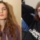 Two side-by-side portrait photos of a young person: left with long wavy red hair wearing a purple hoodie, right with shorter light brown hair, glasses, and a black hoodie with white text.