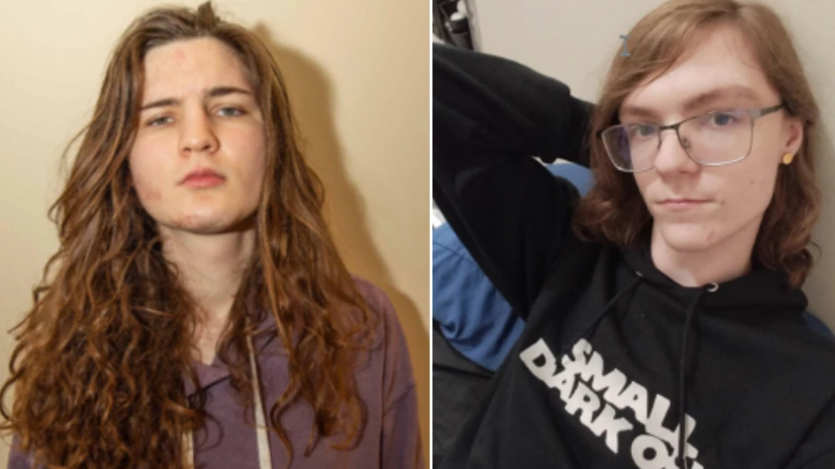 Two side-by-side portrait photos of a young person: left with long wavy red hair wearing a purple hoodie, right with shorter light brown hair, glasses, and a black hoodie with white text.
