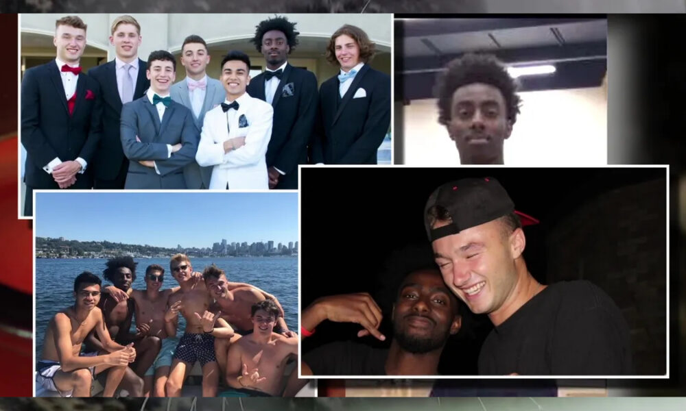 Collage of friends: group of young men in suits, a video-call portrait, a beach selfie group, and two friends smiling indoors.