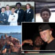 Collage of friends: group of young men in suits, a video-call portrait, a beach selfie group, and two friends smiling indoors.