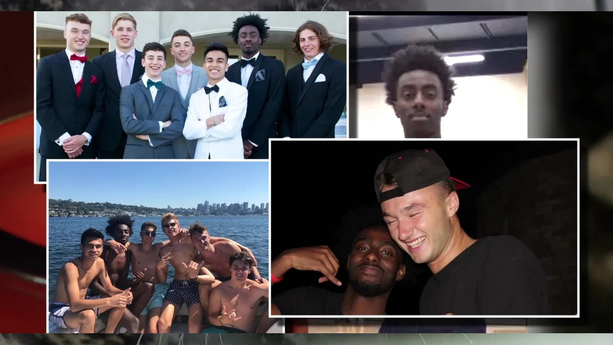 Collage of friends: group of young men in suits, a video-call portrait, a beach selfie group, and two friends smiling indoors.