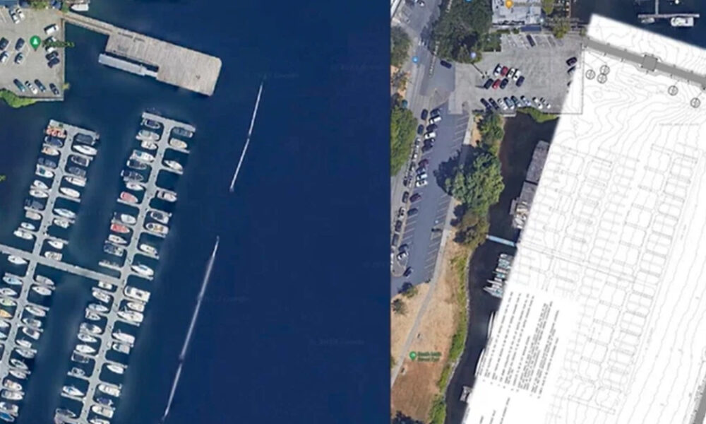 Aerial split image: left shows a marina with docks and boats; right shows a construction site plan overlay on a map.