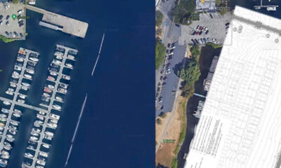 Aerial split image: left shows a marina with docks and boats; right shows a construction site plan overlay on a map.