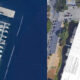 Aerial split image: left shows a marina with docks and boats; right shows a construction site plan overlay on a map.