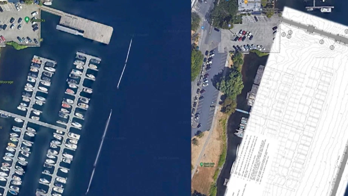 Aerial split image: left shows a marina with docks and boats; right shows a construction site plan overlay on a map.