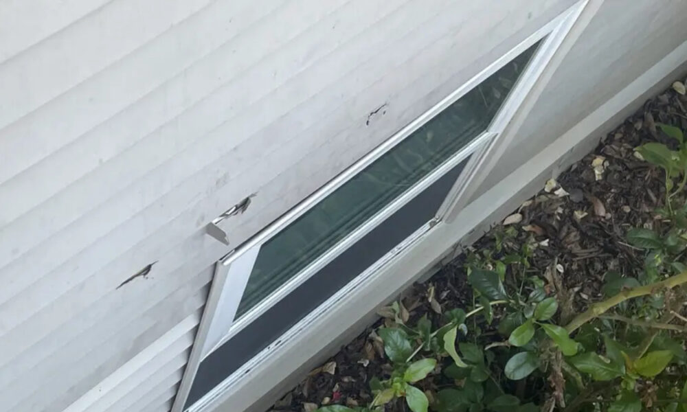 Exterior wall with a small rectangular basement window; white siding has two small holes above the window and shrubs at the base.”