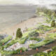 Illustrated waterfront park proposal with a sandy beach, winding paths, and lush greenery along the coast, with people strolling and sitting.