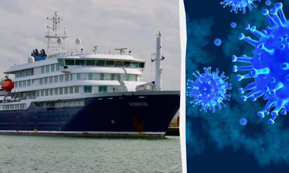 Split image: left panel shows a large white-and-navy cruise ship docked at a harbor; right panel shows blue coronavirus particles against a dark blue background; a curved white divider separates the panels.
